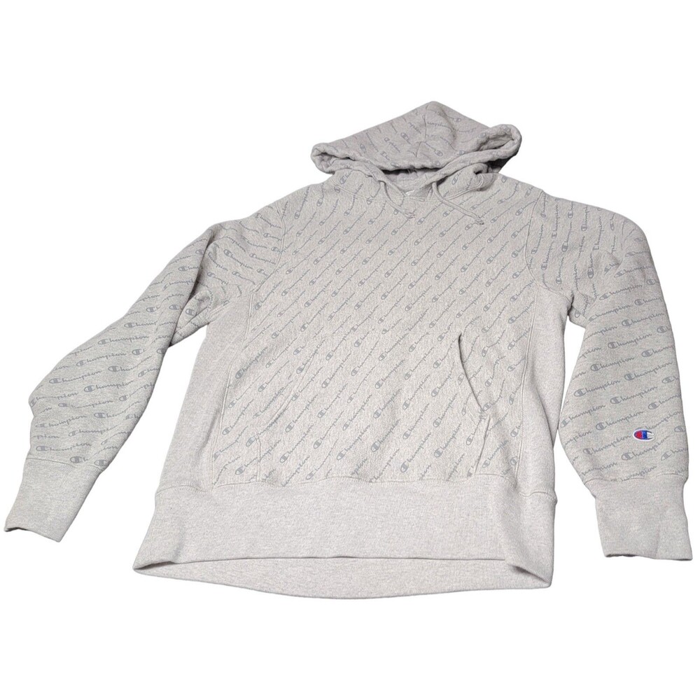 90's Champion Hoodie Mens Med Reverse Weave Gray All Over Print Pullover Adult
